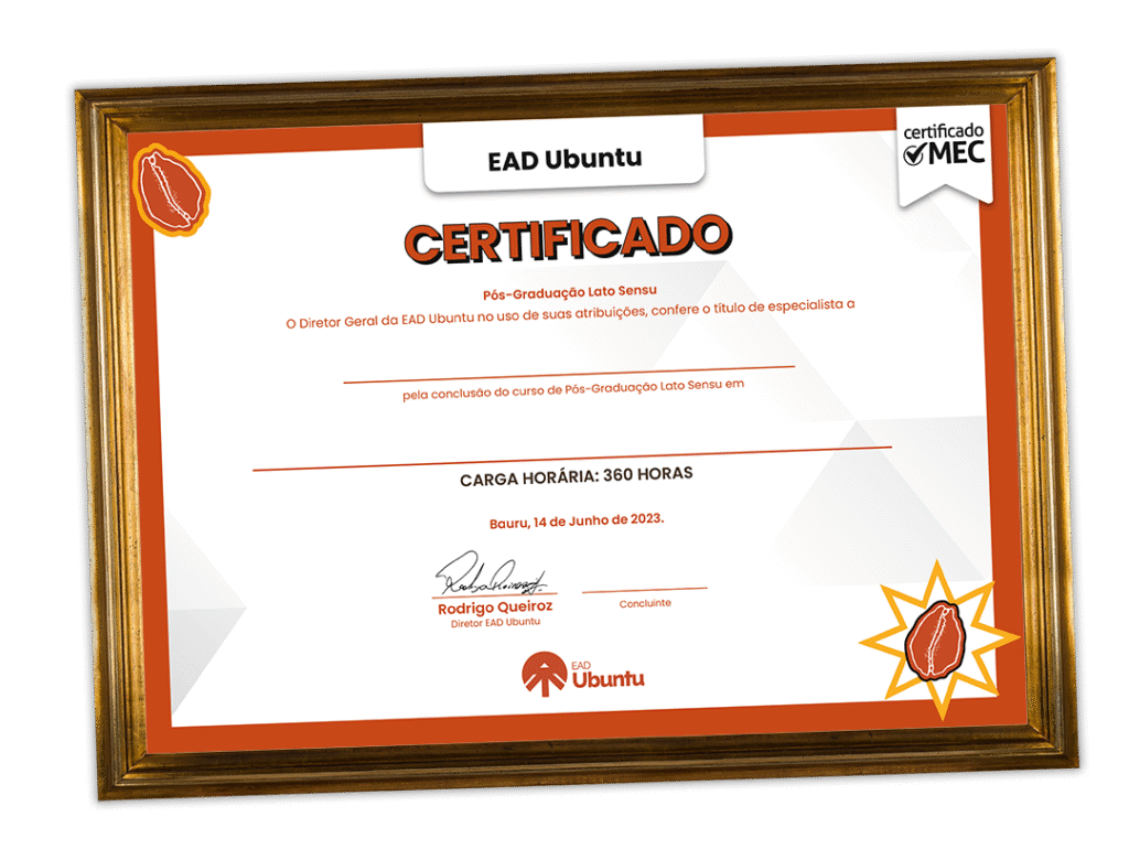 Certificado de pós-graduação Lato Sensu da EAD Ubuntu, emoldurado, com espaço em branco para preencher nome do concluinte, curso e assinatura. Contém selo “Certificado MEC” no canto superior direito e logotipo da EAD Ubuntu no rodapé.